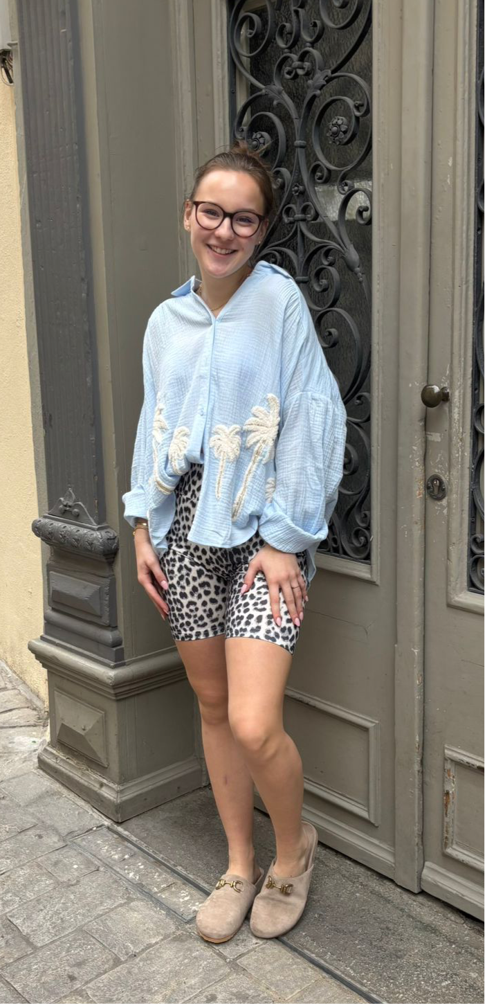 Musselin Bluse Palmen in hellblau