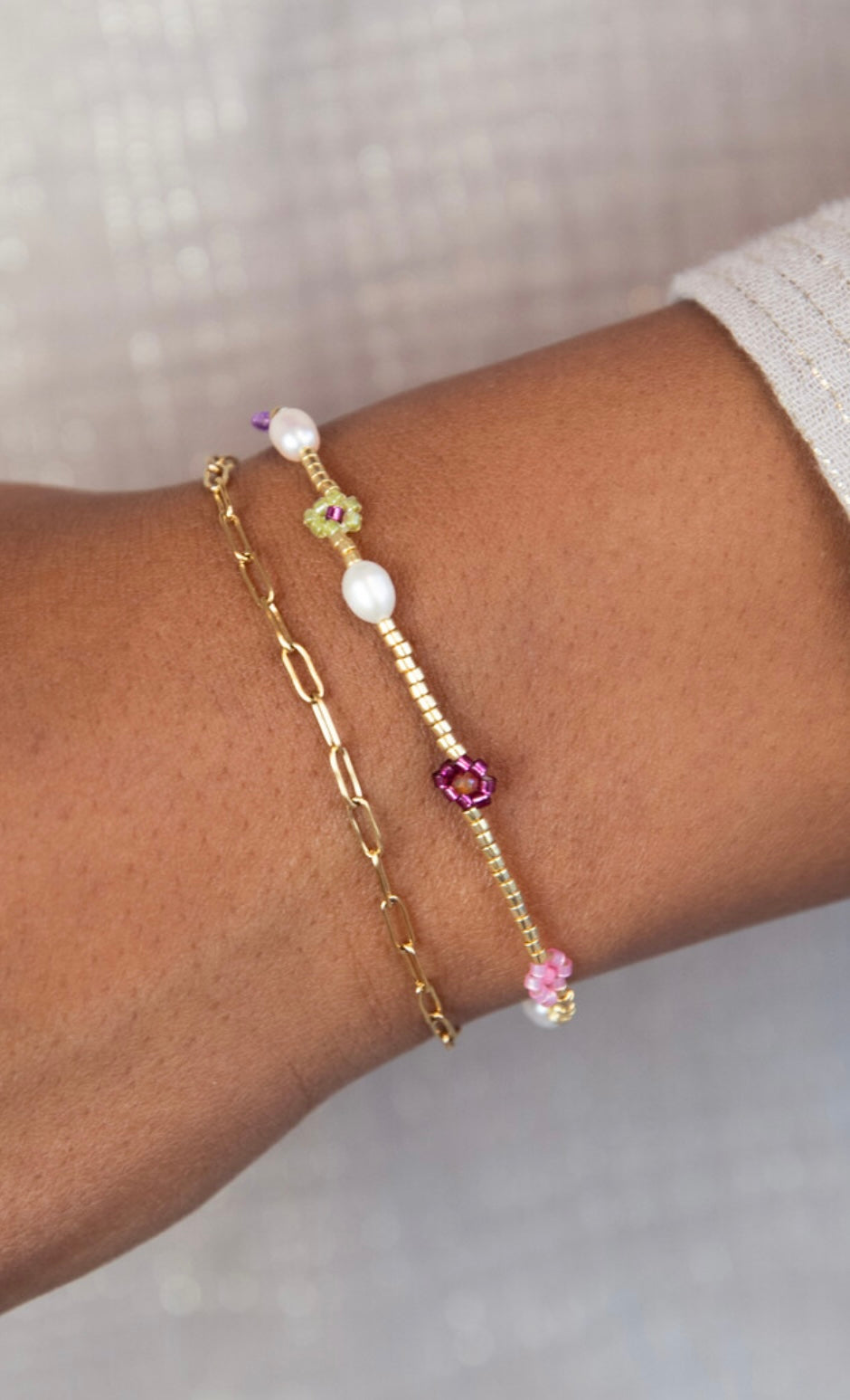My Jewellery Sunrocks elastisches Armband mit pinken Blumen und Süßwasserperlen