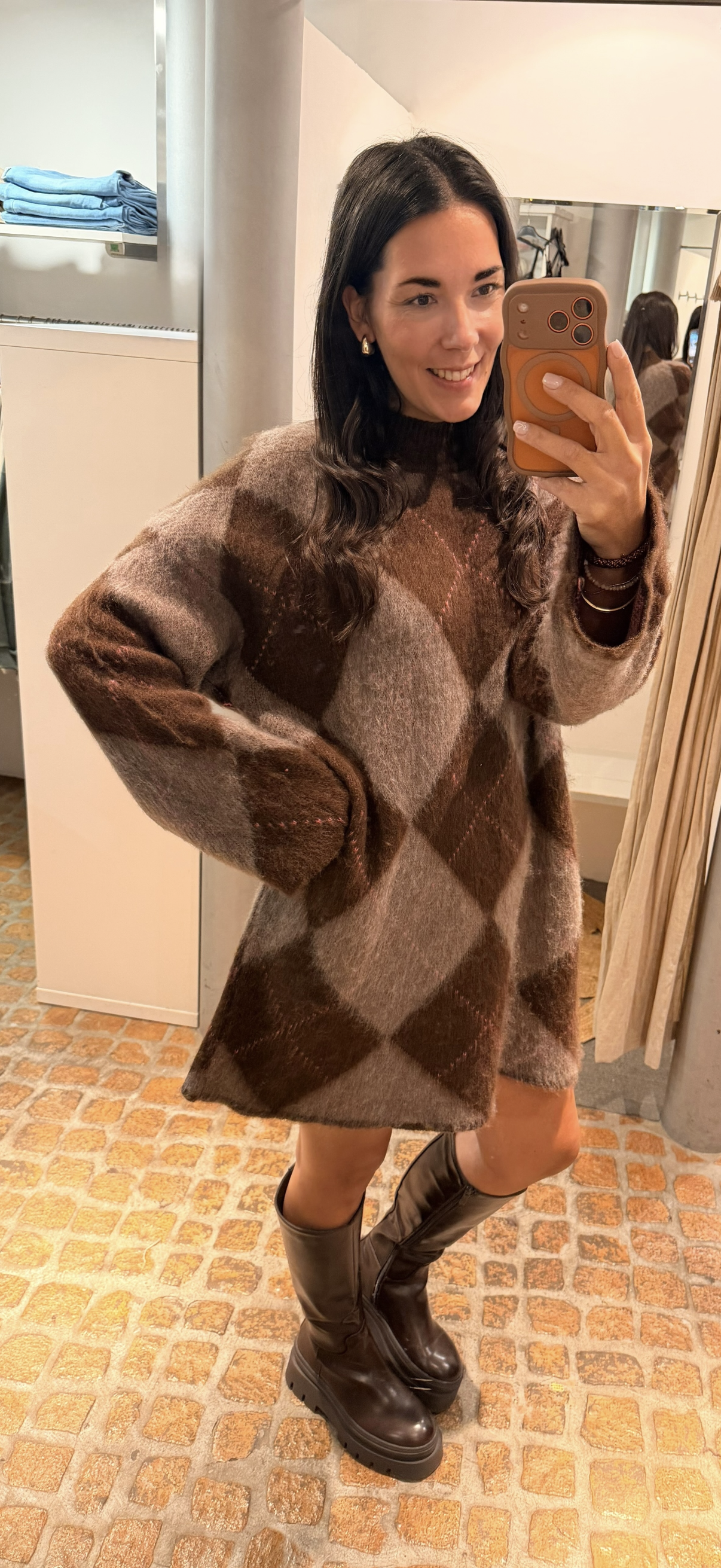 Strick Kleid Big Karo brown