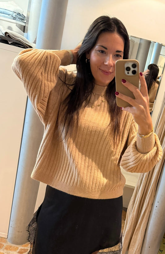 YAYA Gerippter Pullover in camel
