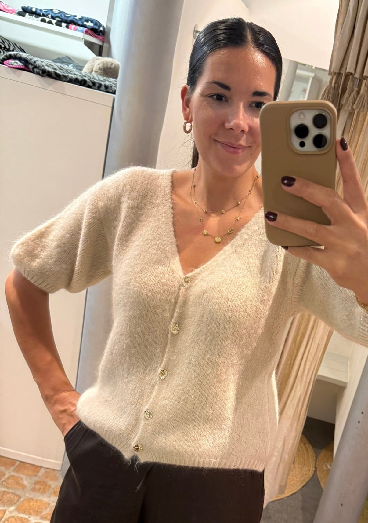 Strick Jacke GOLD mit Dreiviertel Arm in beige