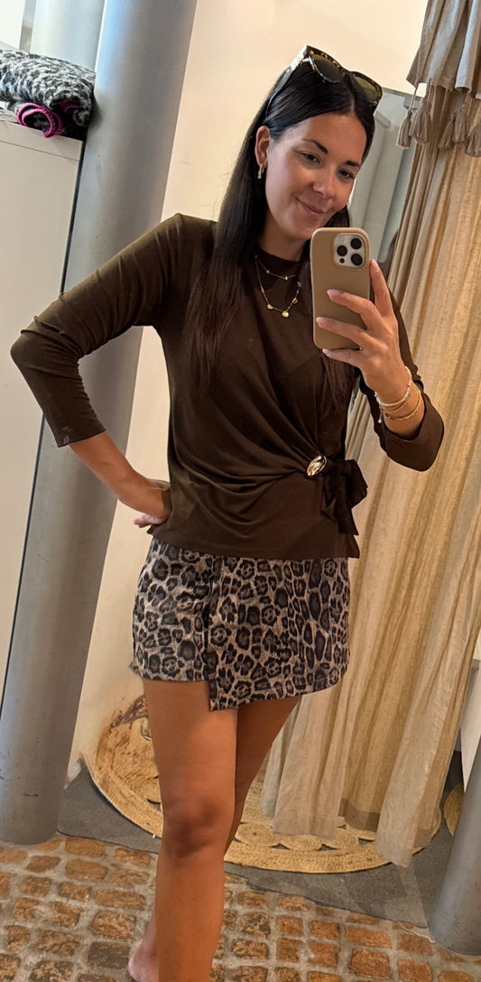 Langarmshirt Gold Button braun