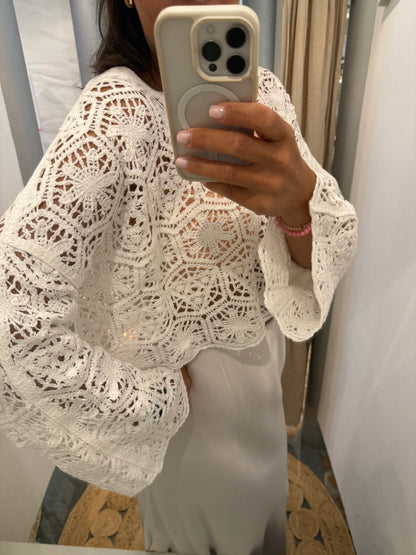 Boho Crochet Pulli in weiß