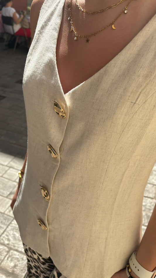 Weste Leinen mit Gold Knöpfen in beige