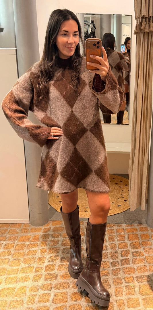 Strick Kleid Big Karo brown