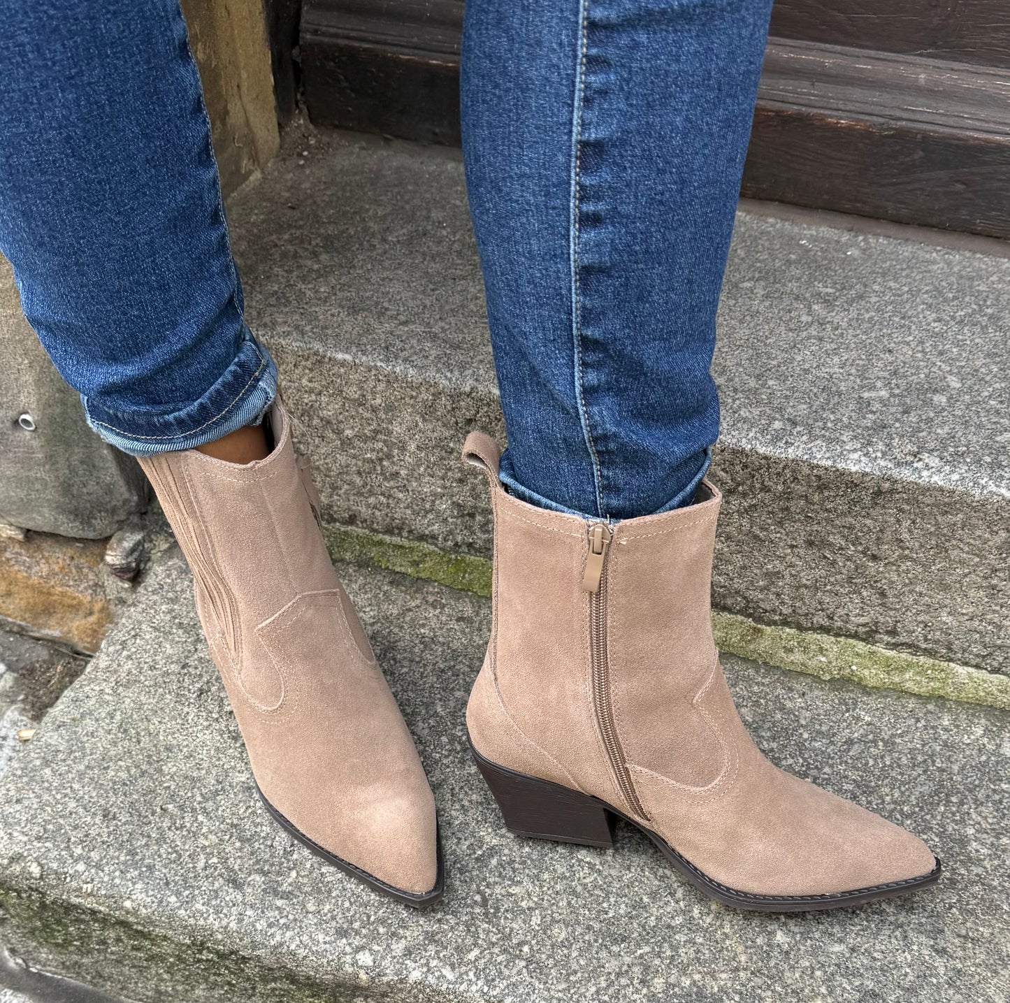 Midi Stiefelette Cowboy taupe - Echtleder