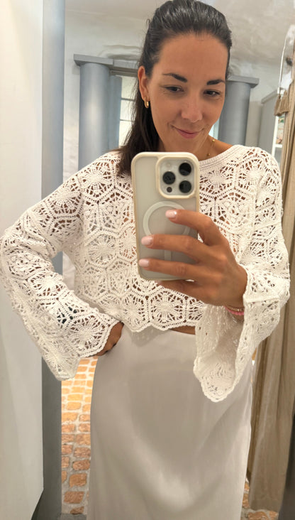 Boho Crochet Pulli in weiß