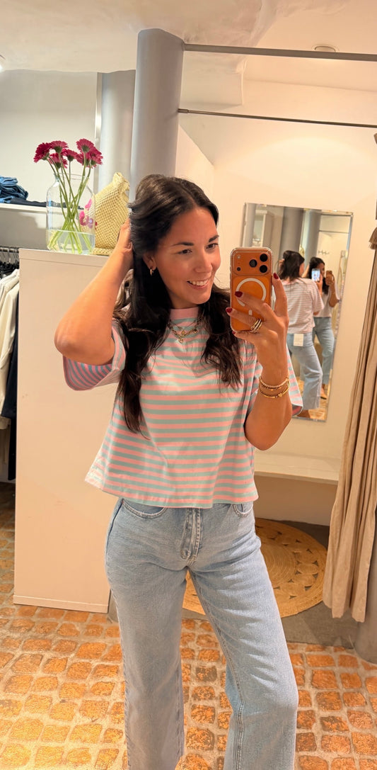 CROPPED T-SHIRT STREIFEN BUBBLE GUM