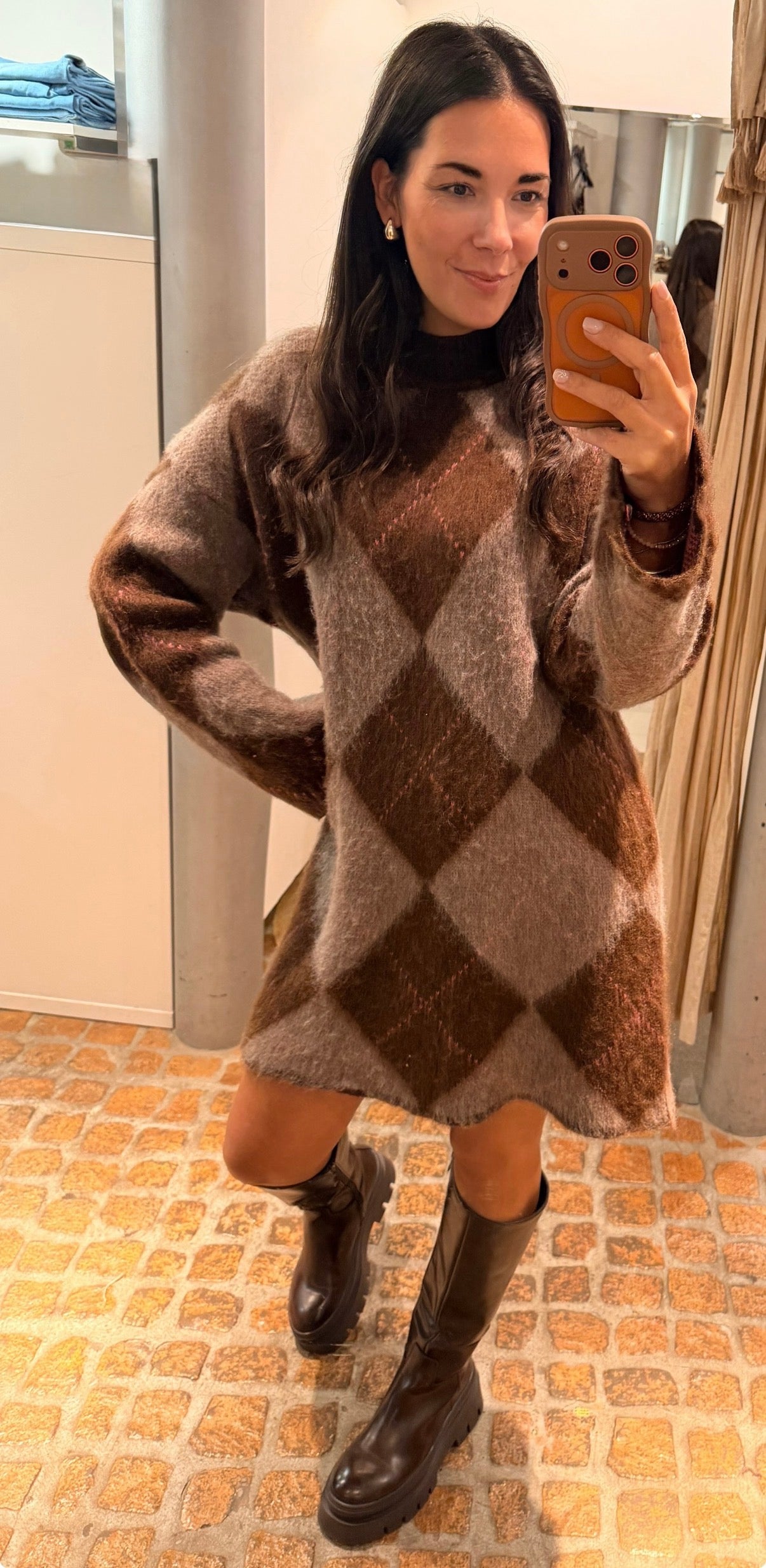 Strick Kleid Big Karo brown