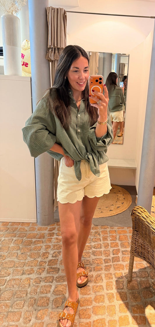 MUSSELIN BLUSE MATCHA OVERSIZED
