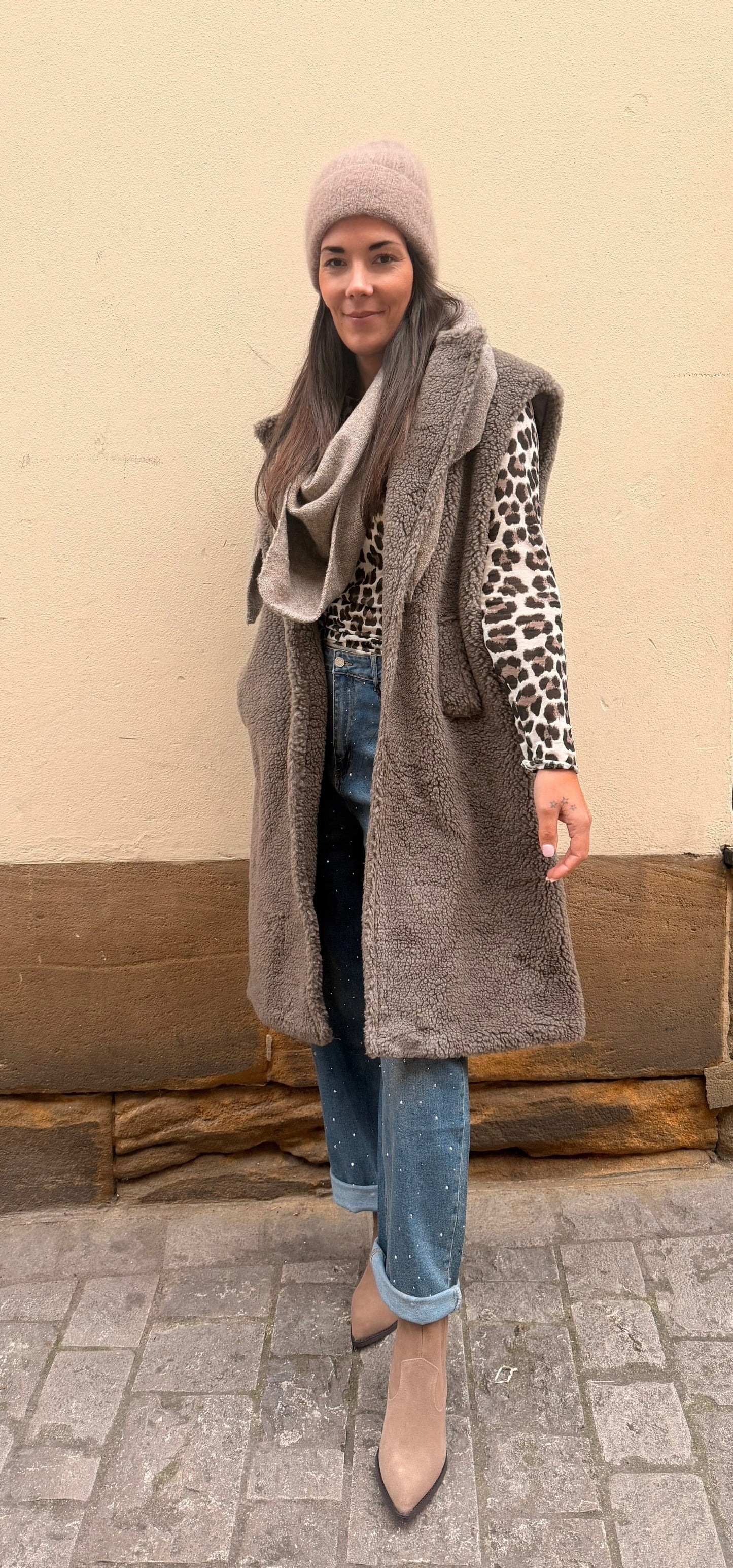 Long Weste Teddy in Taupe