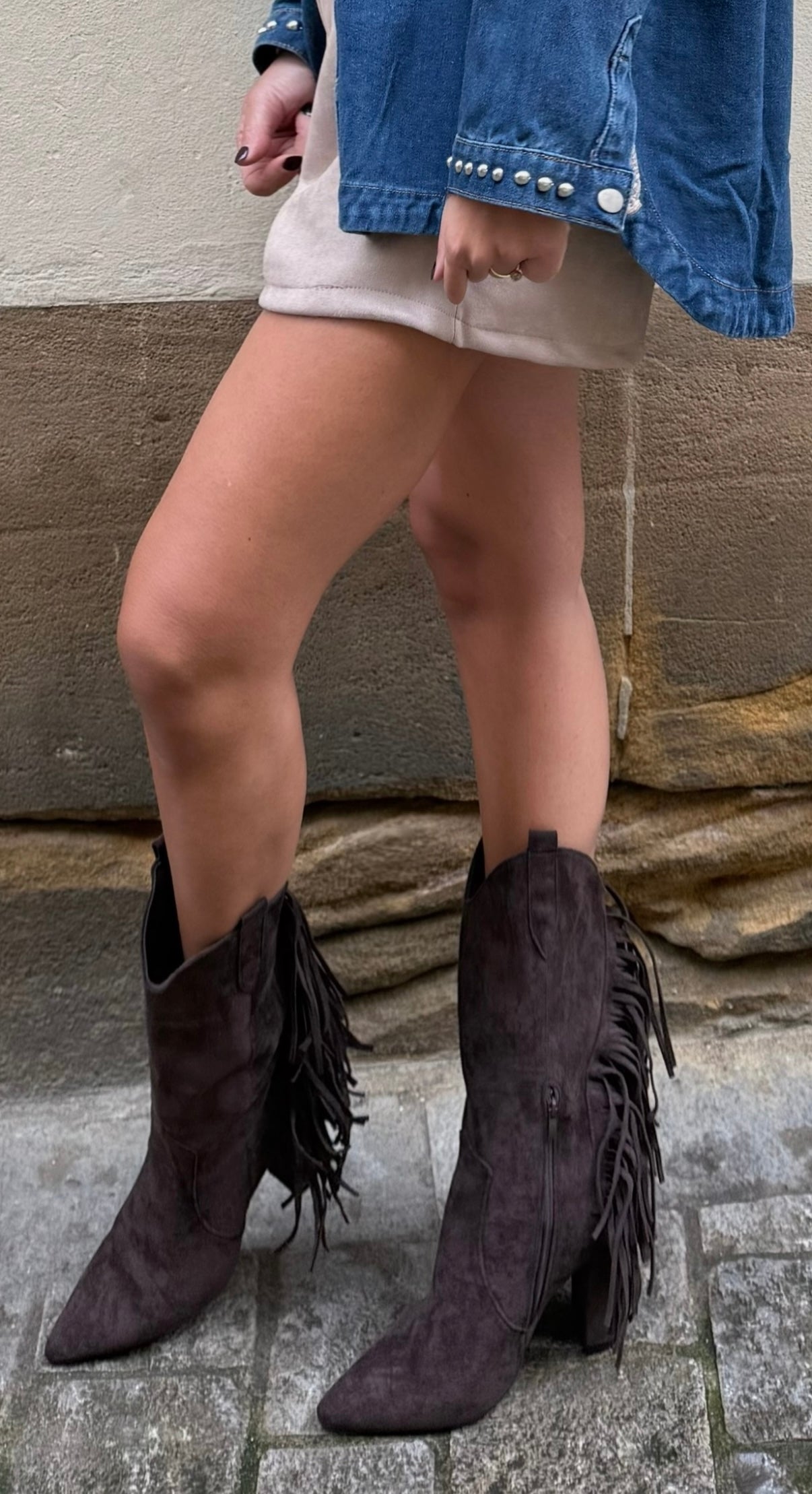 Heel Boots Wildledermit Fransen Brown