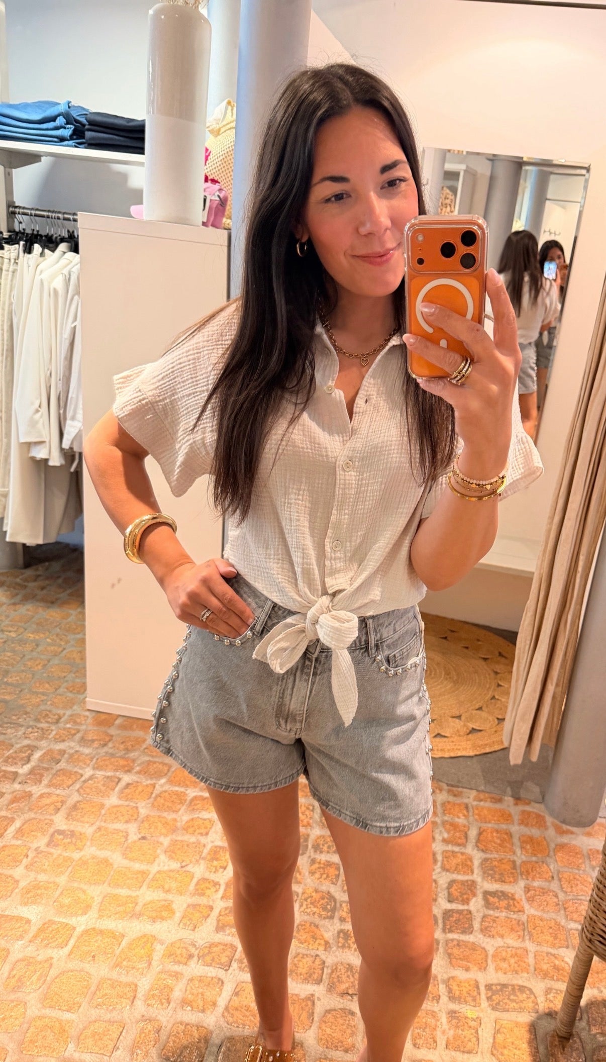 MUSSELIN BLUSE KNOTEN BEIGE