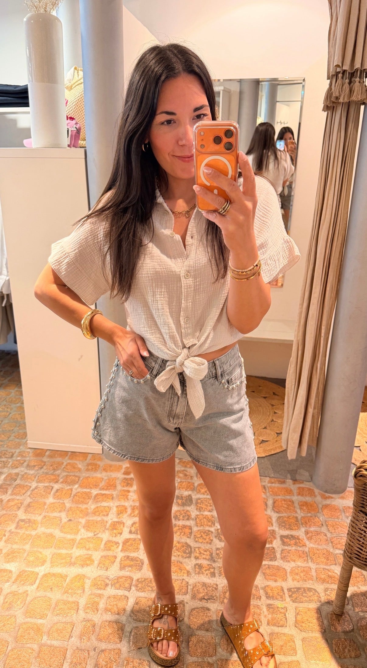 MUSSELIN BLUSE KNOTEN BEIGE
