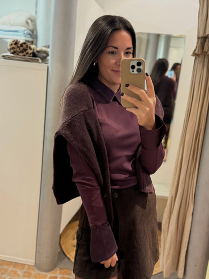 YAYA Mesh Bluse mit Satin Details in burgundy