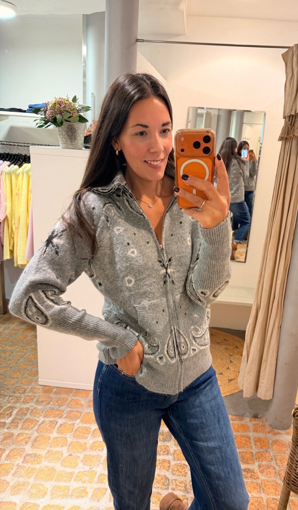 PAISLEY STRICK CARDIGAN ZIP GREY